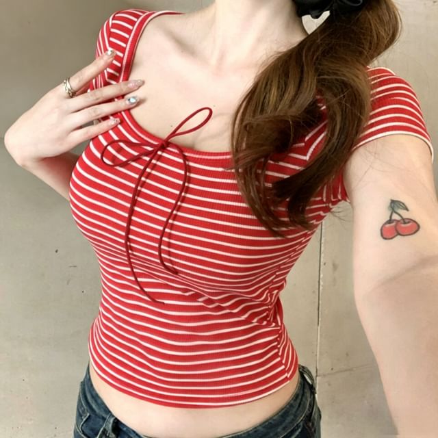 Striped Square Neck Short Sleeve Crop T-Shirt