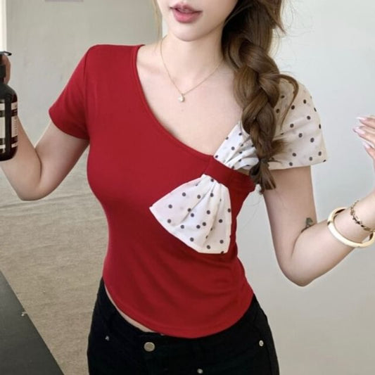 Polka Dot Asymmetrical Panel V-Neck Short Sleeve Crop Top