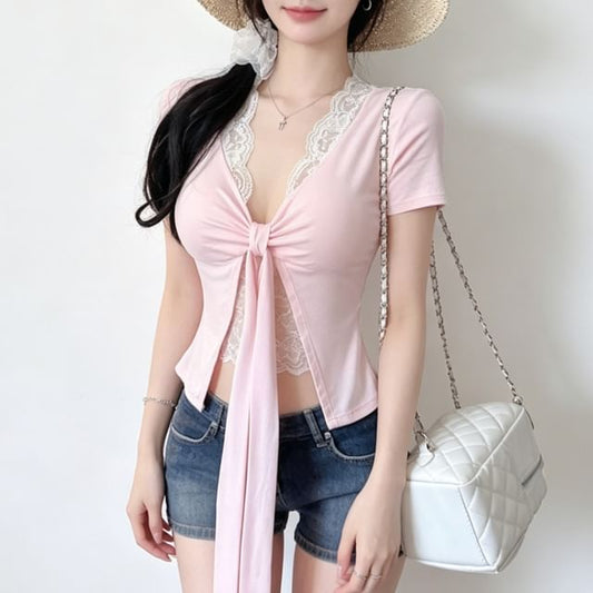 V-Neck Lace Trim Crop Top with Short Sleeves