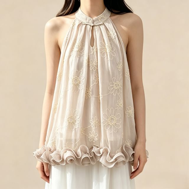 Sleeveless Floral Jacquard Ruffle Plain Top