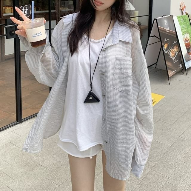 Sheer Button-Up Long Sleeve Shirt