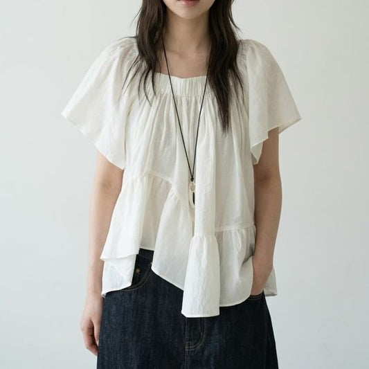Asymmetrical Ruffle Hem Square Neck Short Sleeve Blouse