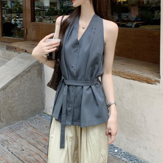 Tie Waist Halter V-Neck Button-Up Plain Top
