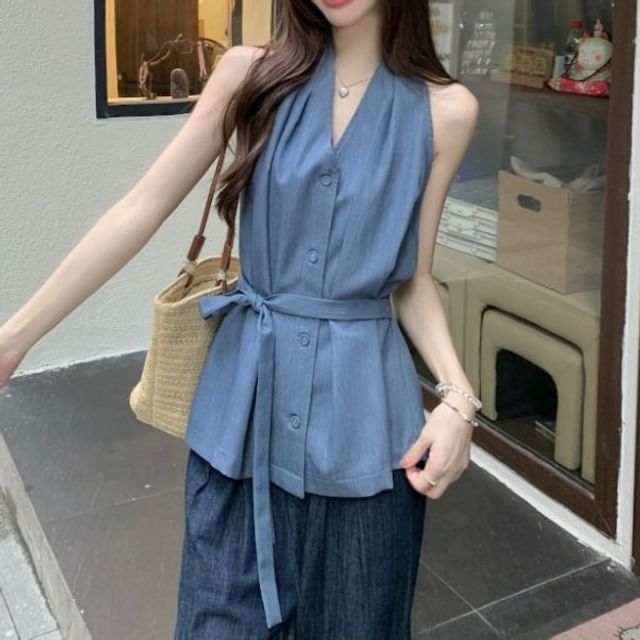 Tie Waist Halter V-Neck Button-Up Plain Top