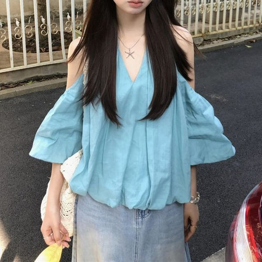 Cold Shoulder Halter Puff Sleeve Bubble Hem Blouse