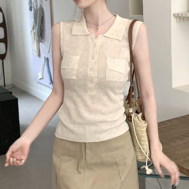 Half-Buttoned Collared Plain Knit Tank