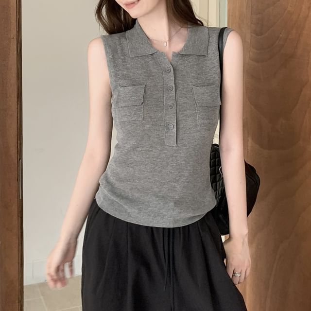 Half-Buttoned Collared Plain Knit Tank