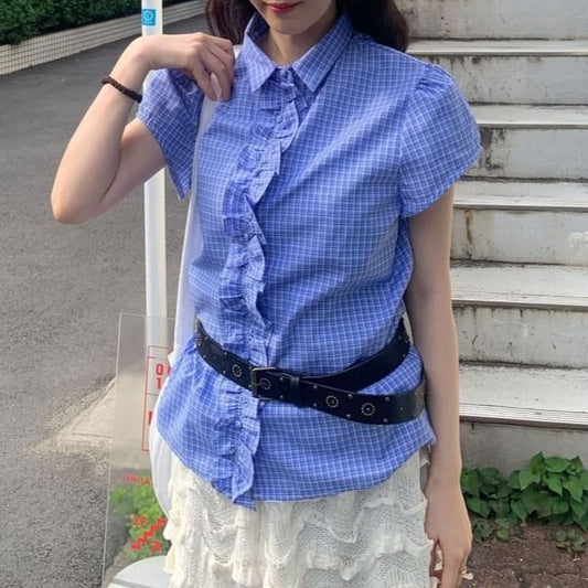 Frill Trim Collared Short Sleeve Button-Up Blouse