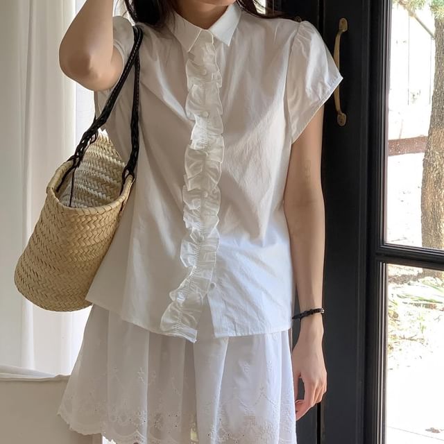 Frill Trim Collared Short Sleeve Button-Up Blouse