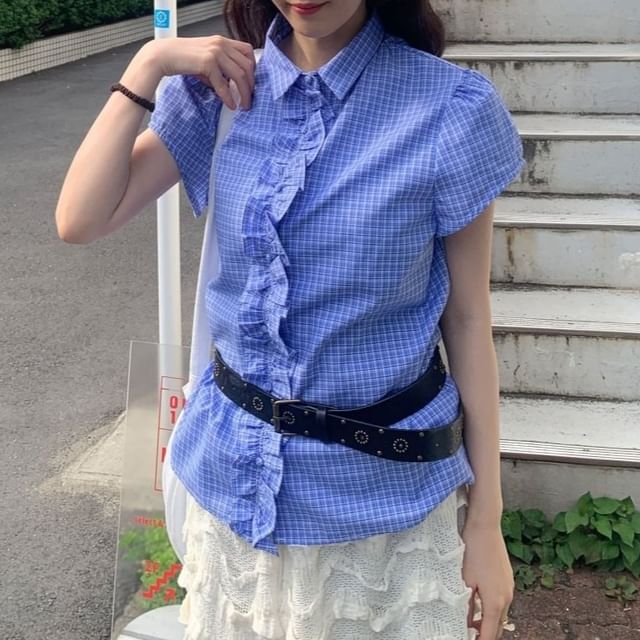 Frill Trim Collared Short Sleeve Button-Up Blouse