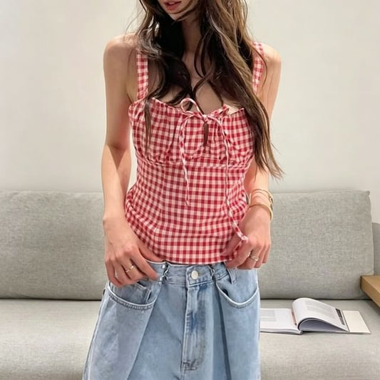 Gingham Tie Front Crop Tank