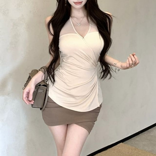 Halter V-Neck Ruched Camisole & Wrap Mini Pencil Skirt