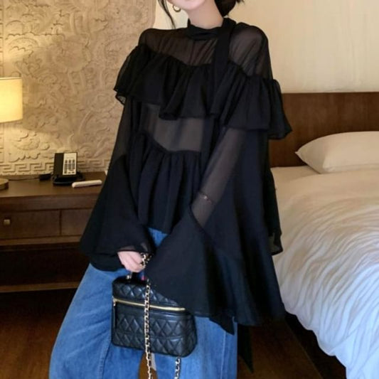 Sheer Mock Neck Long Sleeve Blouse