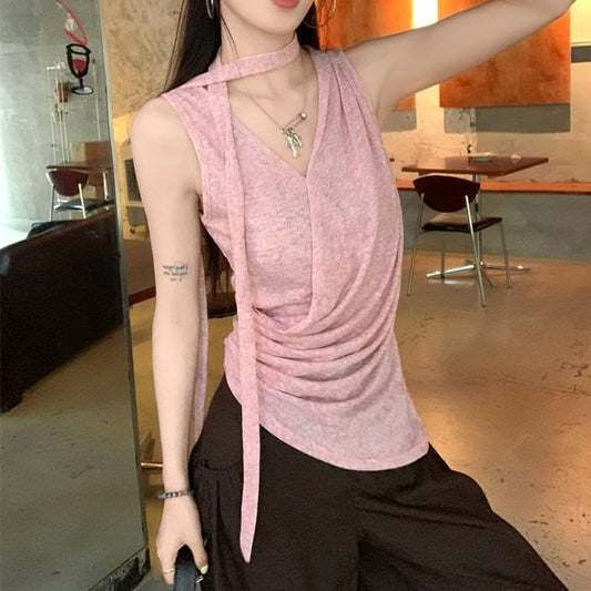 Sleeveless V-Neck Ruched Top & Wide Leg Pants