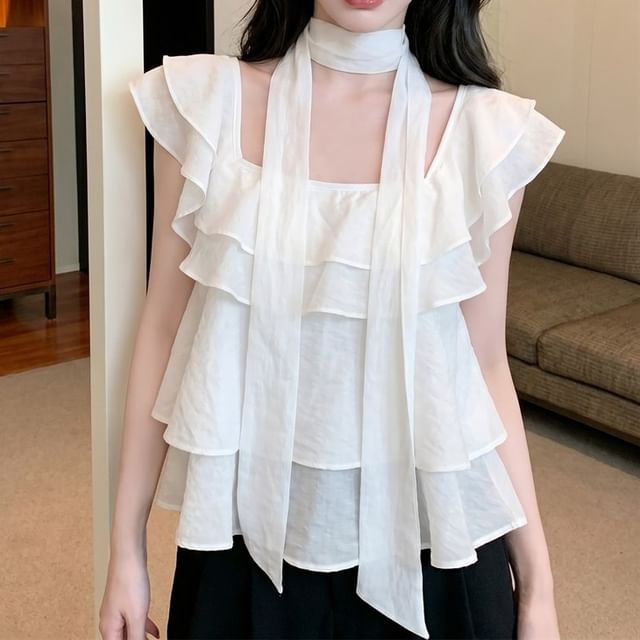 Square Neck Ruffle Trim Short-Sleeve Blouse
