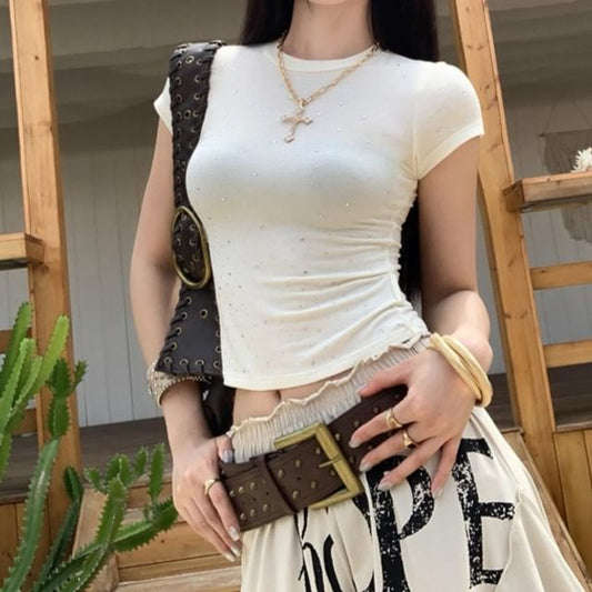 Scoop Neck Rhinestone Detail Crop Tee