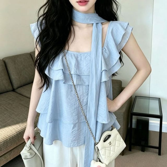 Square Neck Ruffle Trim Short-Sleeve Blouse