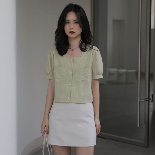 Square Neck Button Up Short-Sleeve Blouse
