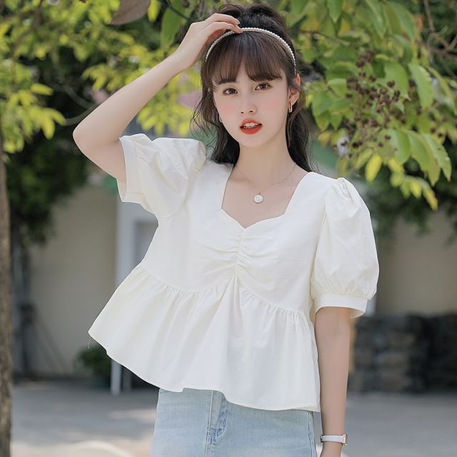 V-Neck Ruched Short-Sleeve Blouse