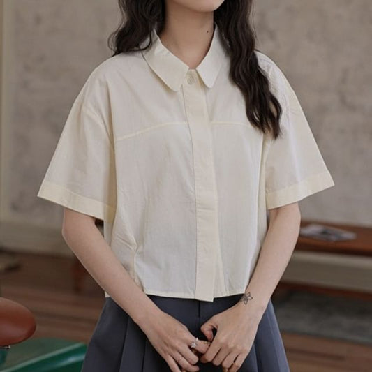 Collared Plain Button Up Short-Sleeve Crop Shirt