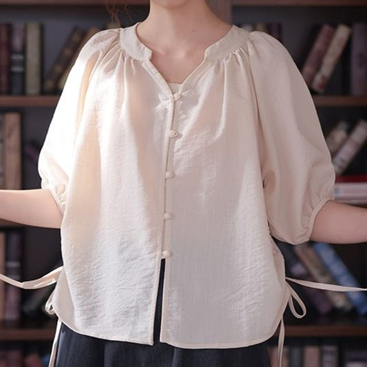 Notch Neck Elbow-Sleeve Button Blouse