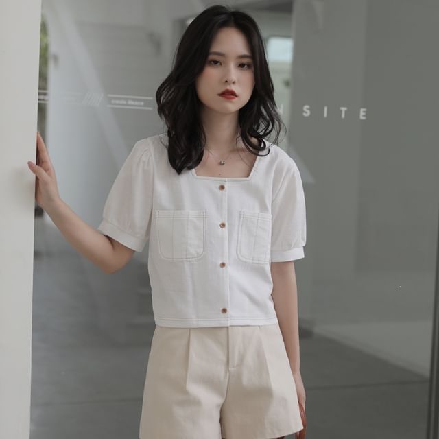 Square Neck Button Up Short-Sleeve Blouse
