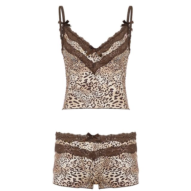 Set: Spaghetti Strap V-Neck Leopard Print Crop Camisole Top + Low Rise Shorts