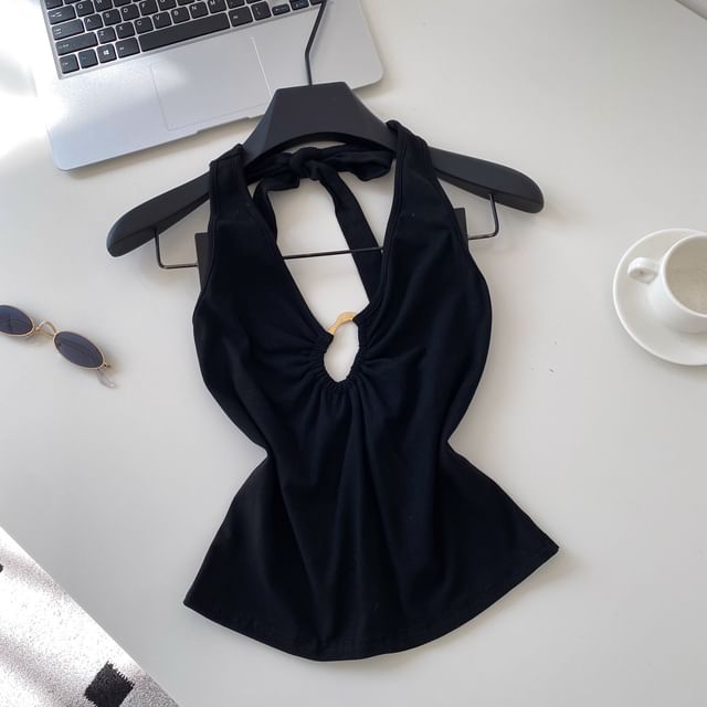 Cutout Open Back Halter V-Neck Plain Crop Top