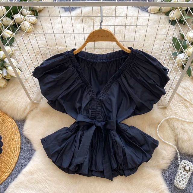 Ruched Tie Waist V-Neck Cap Sleeve Crop Blouse