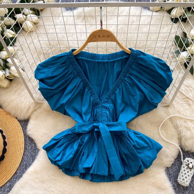 Ruched Tie Waist V-Neck Cap Sleeve Crop Blouse