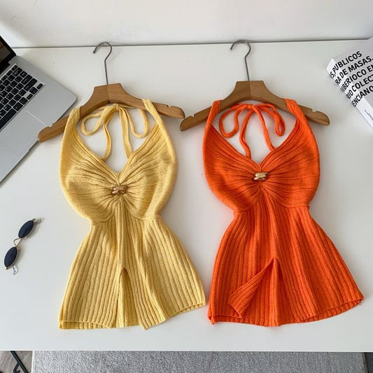 Open Back Slit Halter V-Neck Knit Top