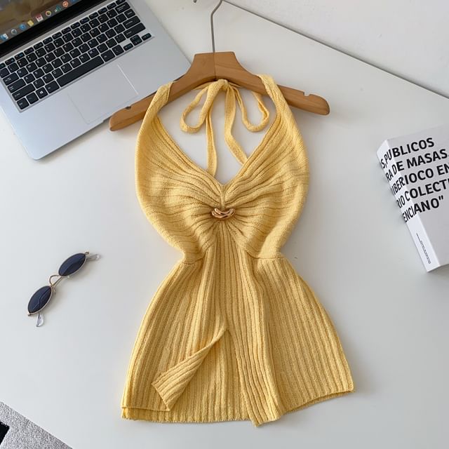 Open Back Slit Halter V-Neck Knit Top