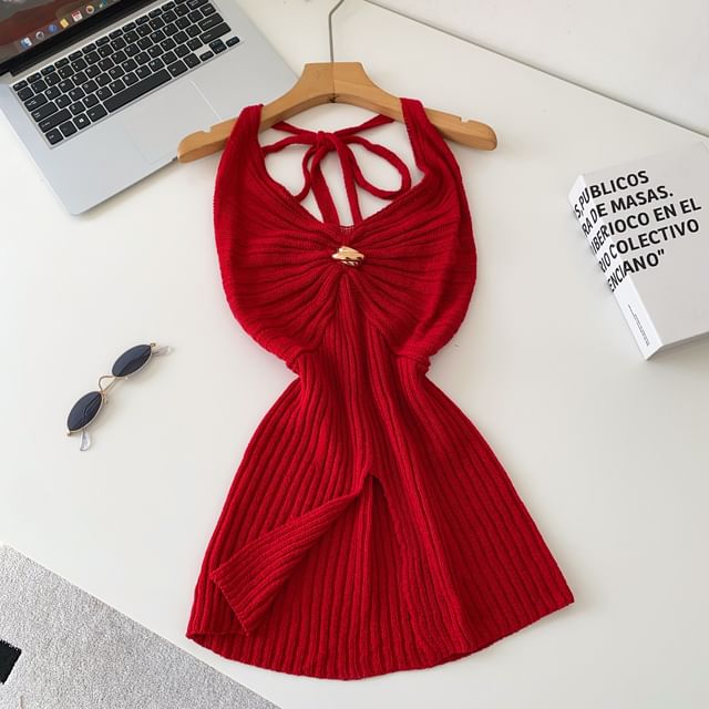 Open Back Slit Halter V-Neck Knit Top