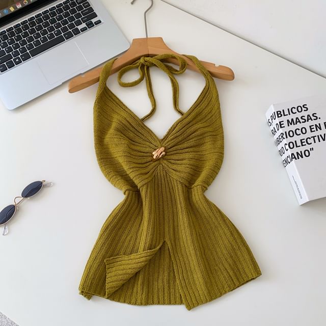 Open Back Slit Halter V-Neck Knit Top