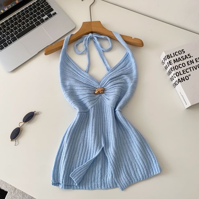 Open Back Slit Halter V-Neck Knit Top
