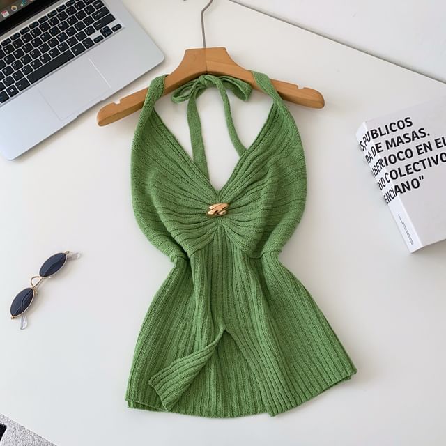 Open Back Slit Halter V-Neck Knit Top