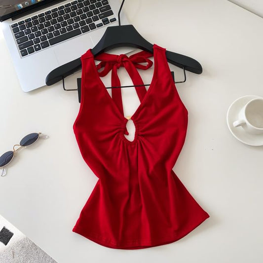 Cutout Open Back Halter V-Neck Plain Crop Top