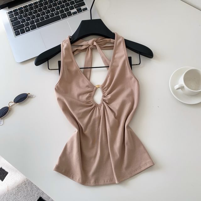 Cutout Open Back Halter V-Neck Plain Crop Top