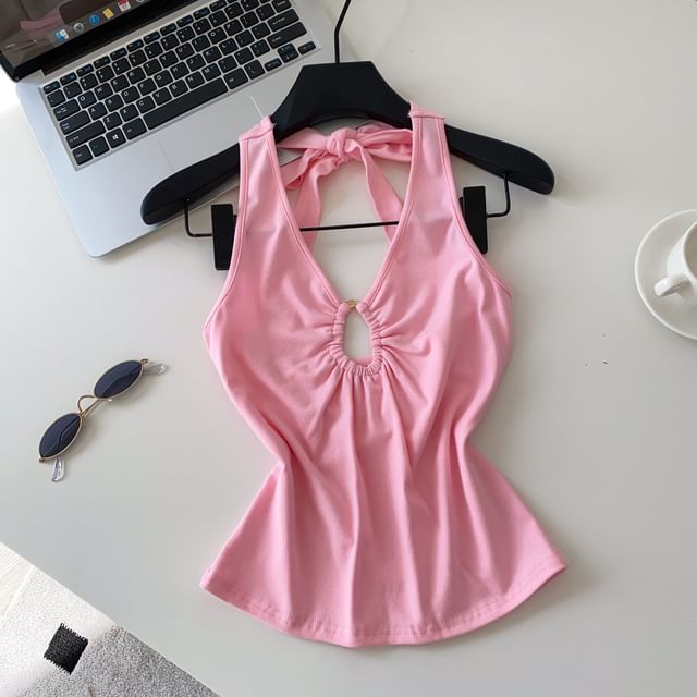 Cutout Open Back Halter V-Neck Plain Crop Top