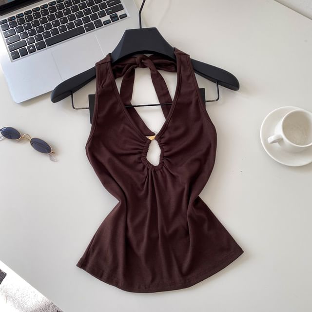 Cutout Open Back Halter V-Neck Plain Crop Top