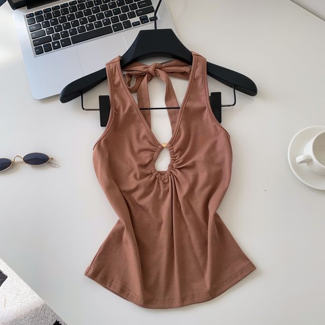 Cutout Open Back Halter V-Neck Plain Crop Top
