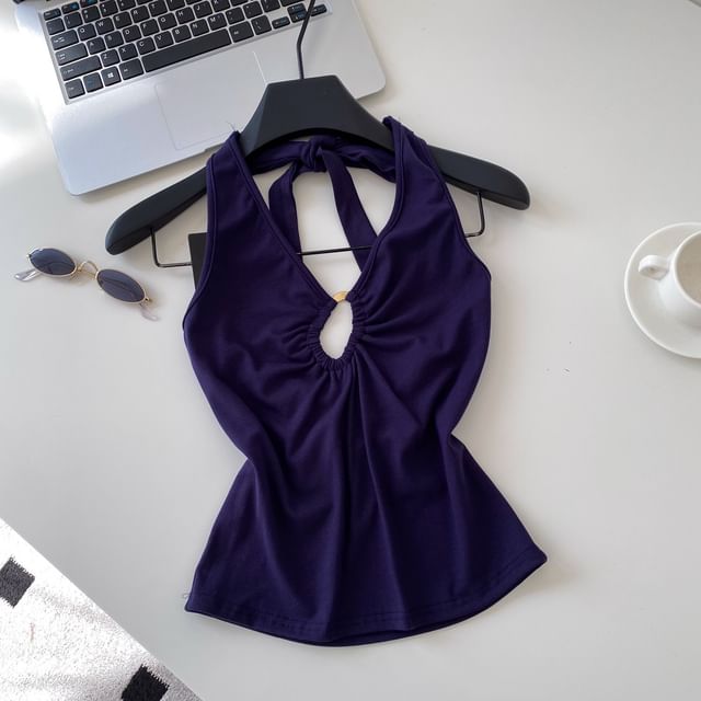 Cutout Open Back Halter V-Neck Plain Crop Top