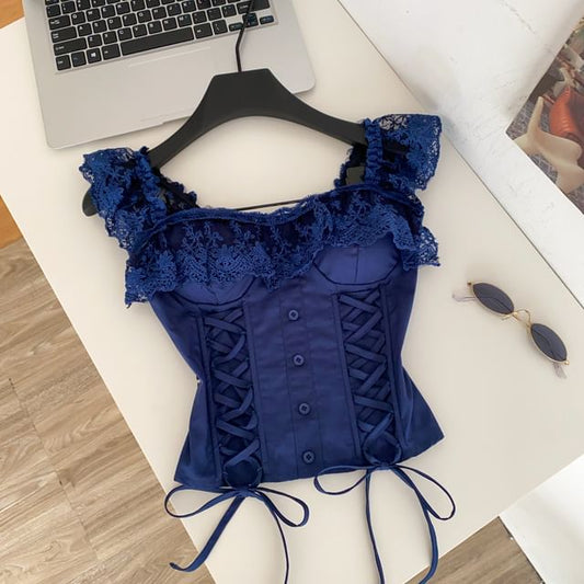 Lace Panel Padded Square Neck Lace-Up Crop Tank