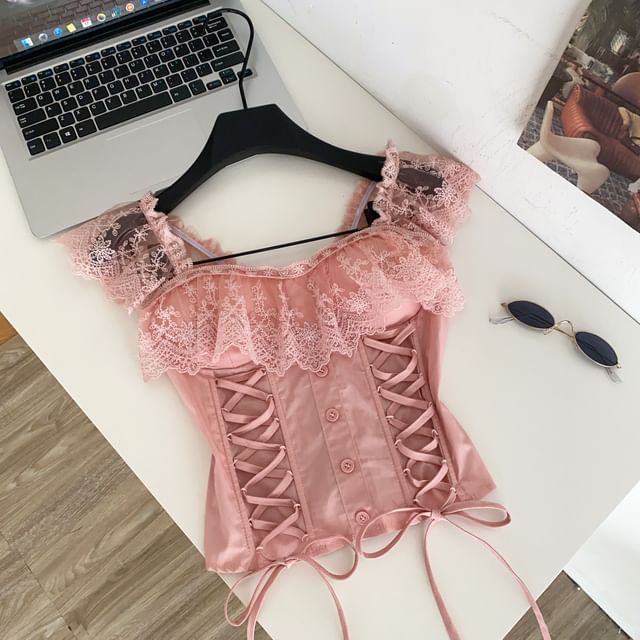 Lace Panel Padded Square Neck Lace-Up Crop Tank