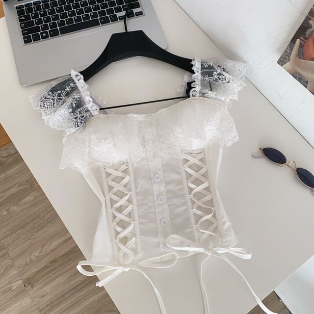 Lace Panel Padded Square Neck Lace-Up Crop Tank