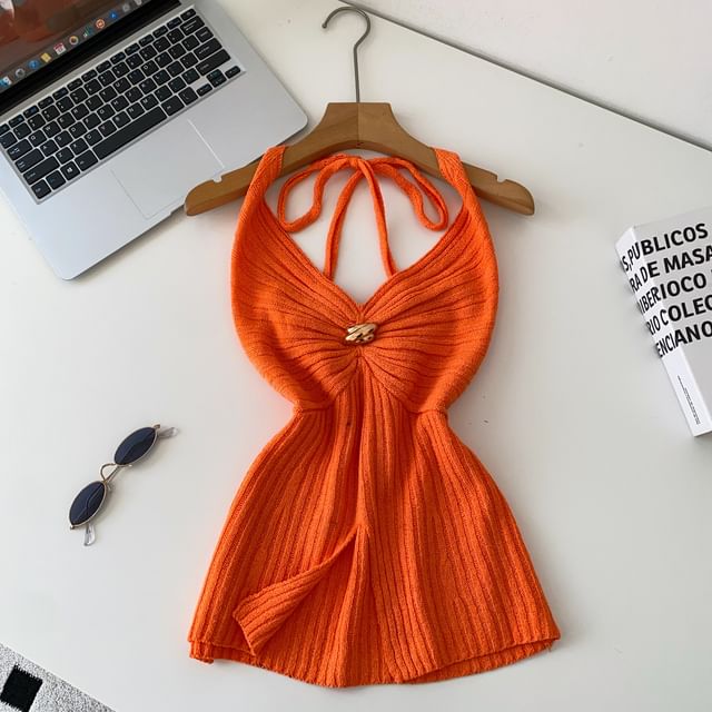 Open Back Slit Halter V-Neck Knit Top