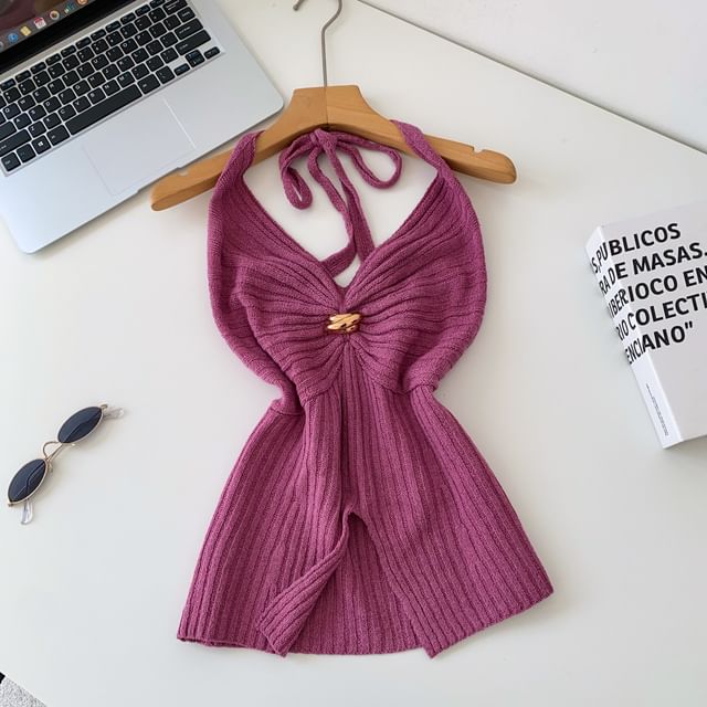 Open Back Slit Halter V-Neck Knit Top