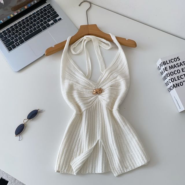 Open Back Slit Halter V-Neck Knit Top