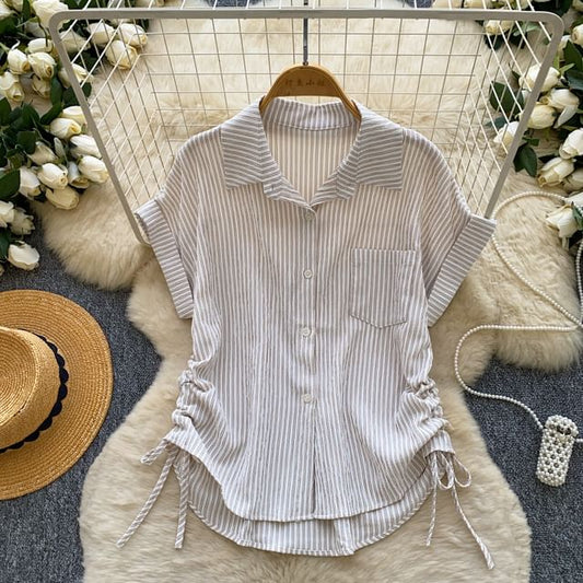 Striped Drawstring Collared Short Sleeve Button-Up Blouse