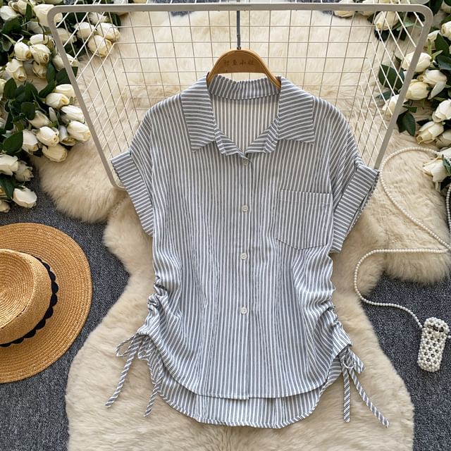 Striped Drawstring Collared Short Sleeve Button-Up Blouse